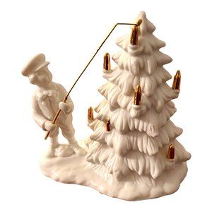 Russ Berrie Co Ceramic White Christmas Tree With Boy Gold Lanterns 6in T # 17214